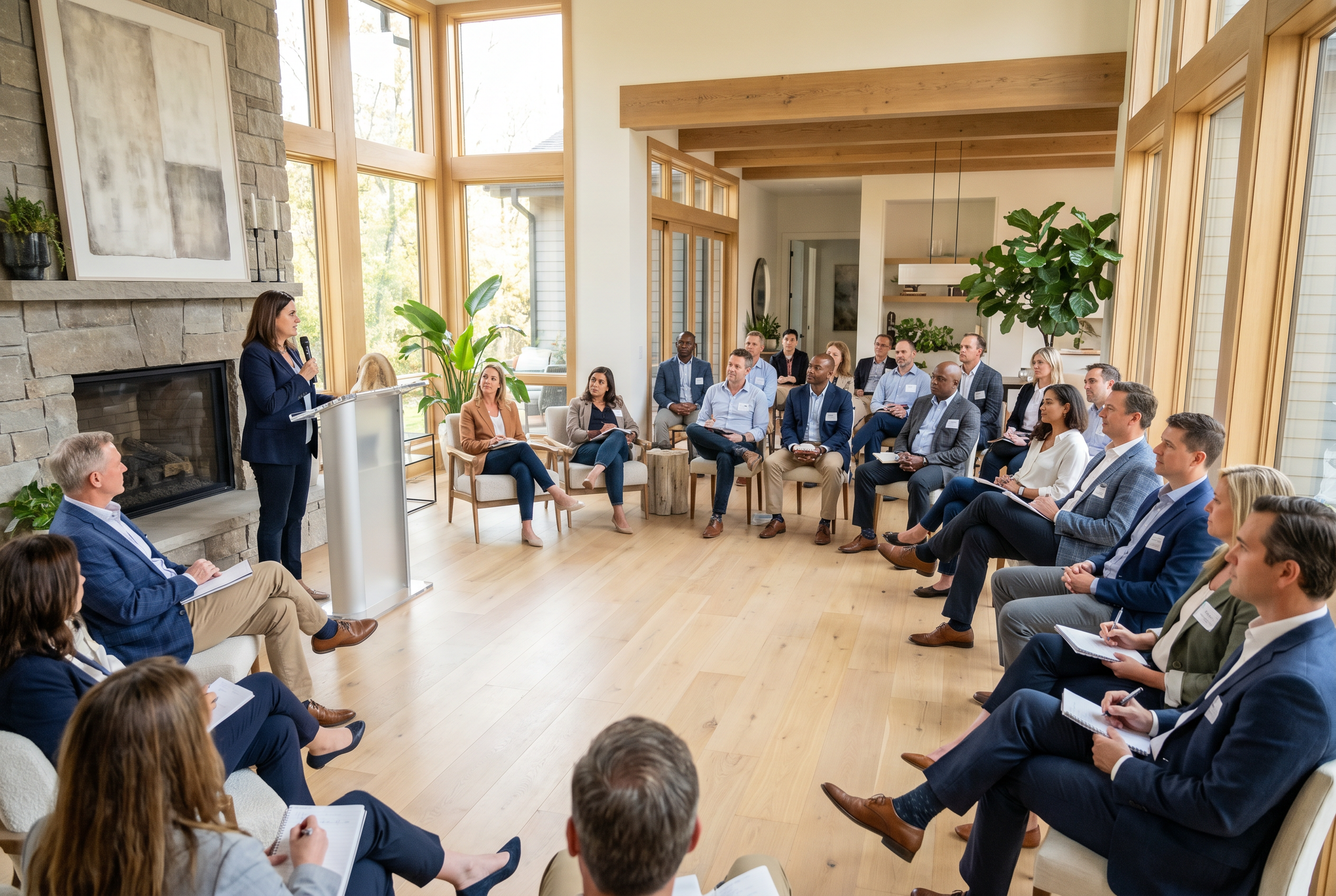 Guests engaged in conversation at a luxury listing